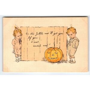 Vintage 1907-1915 Halloween Postcard H. L. Woehler HLW Kids Fence & JOL Scarce